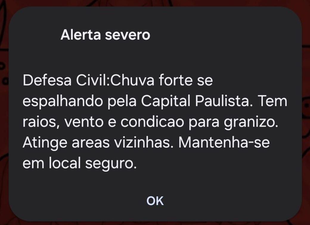 Alerta da Defesa Civil enviado nesta sexta-feira (16) • Reprodução