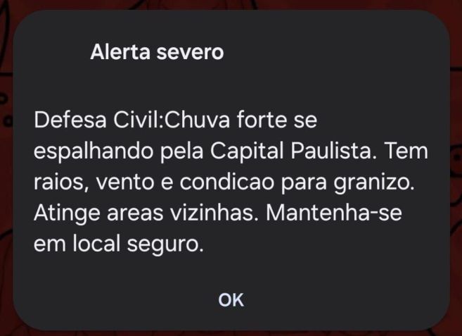 Alerta da Defesa Civil enviado nesta sexta-feira (16) • Reprodução