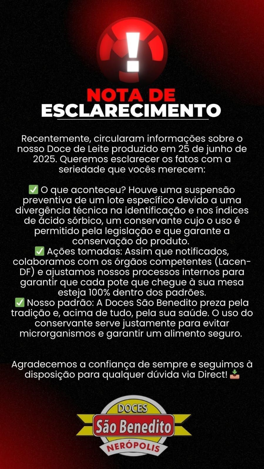 Nota da Doces São Benedito • Divulgação