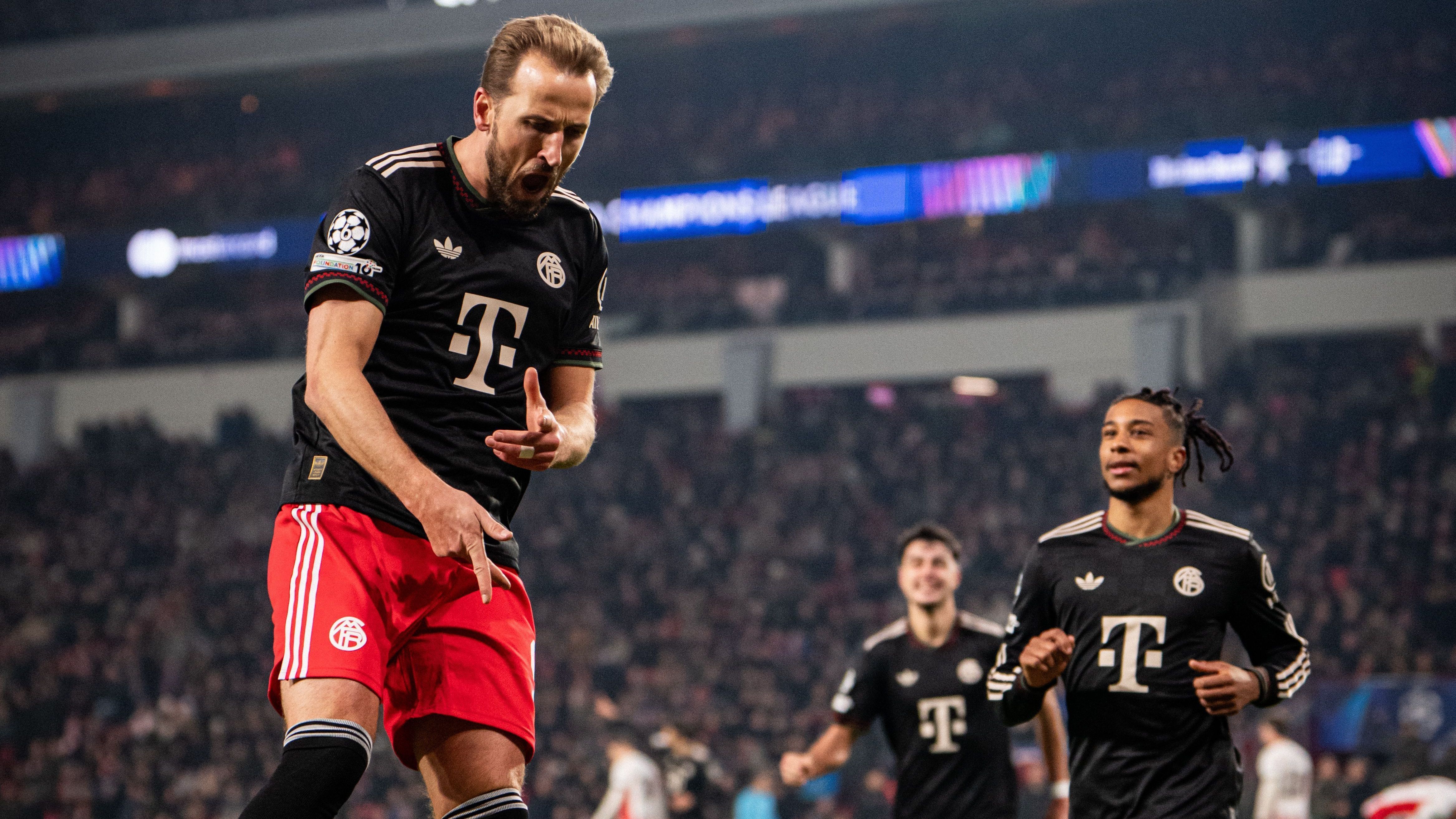 EINDHOVEN, NETHERLANDS - JANUARY 28: Harry Kane of FC Bayern Muenchen celebrates scoring his team's second goal during the UEFA Champions League 2025/26 League Phase MD8 match between PSV Eindhoven and FC Bayern München at PSV Stadion on January 28, 2026 in Eindhoven, Netherlands. (Photo by S. Mellar/FC Bayern via Getty Images)