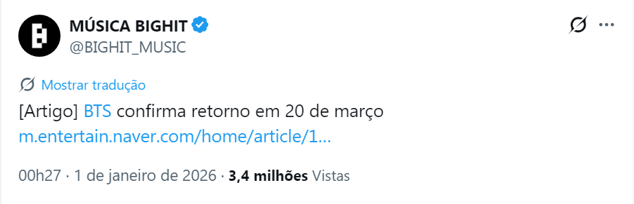 Postagem de confirmação da empresa que gerencia o BTS • Reprodução/ X
