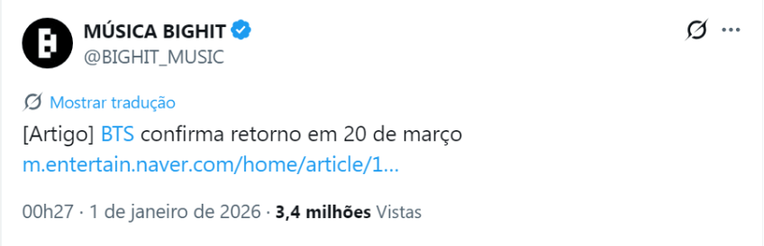 Postagem de confirmação da empresa que gerencia o BTS • Reprodução/ X