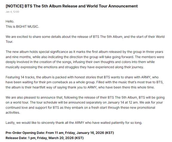 Carta completa da Big Hit confirmando a nova turnê do BTS • Reprodução/ Weverse