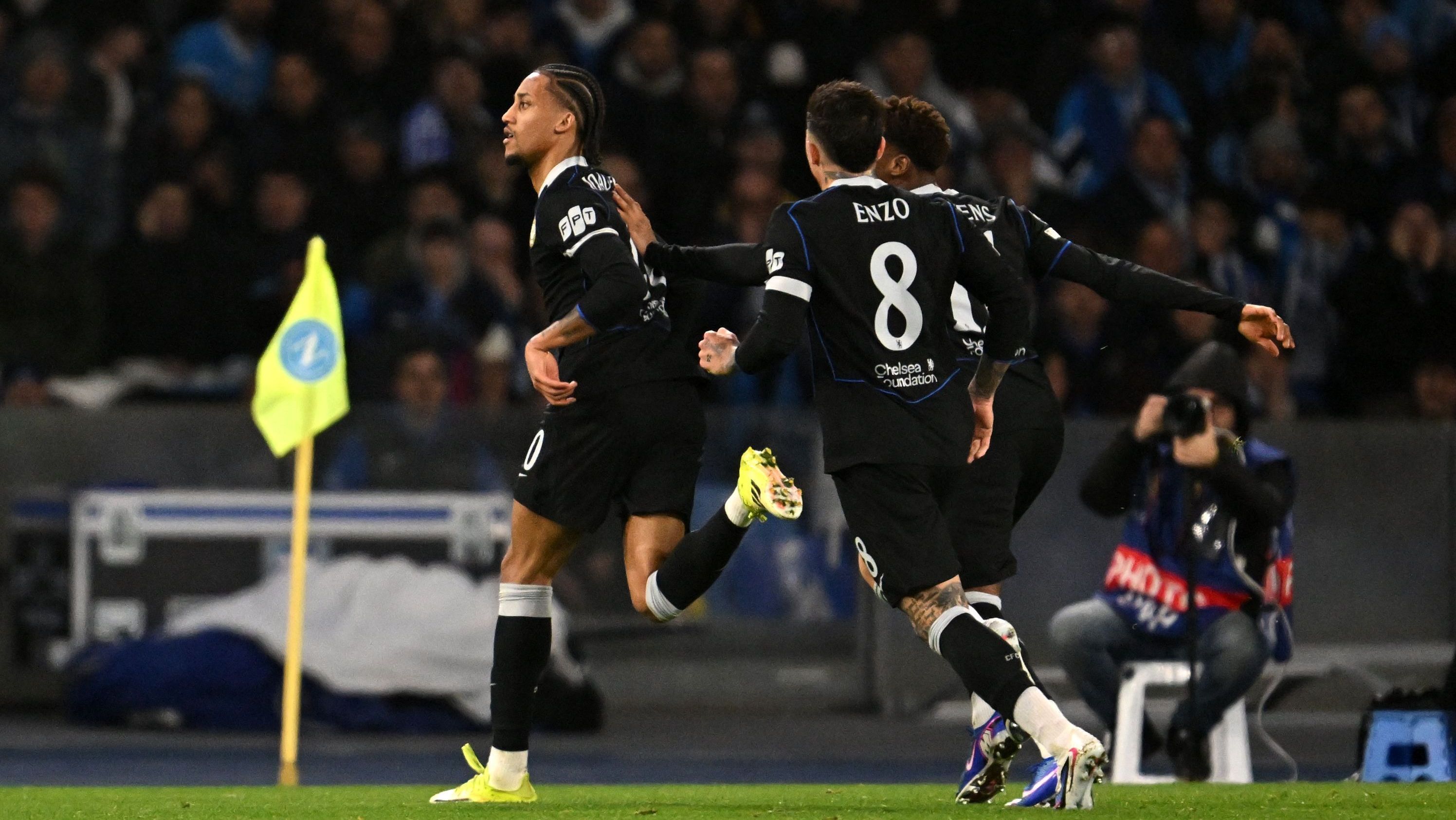 NAPLES, ITALY - JANUARY 28: Joao Pedro of Chelsea celebrates scoring his team's second goal during the UEFA Champions League 2025/26 League Phase MD8 match between SSC Napoli and Chelsea FC at Stadio Diego Armando Maradona on January 28, 2026 in Naples, Italy. (Photo by Tullio M. Puglia/Getty Images)