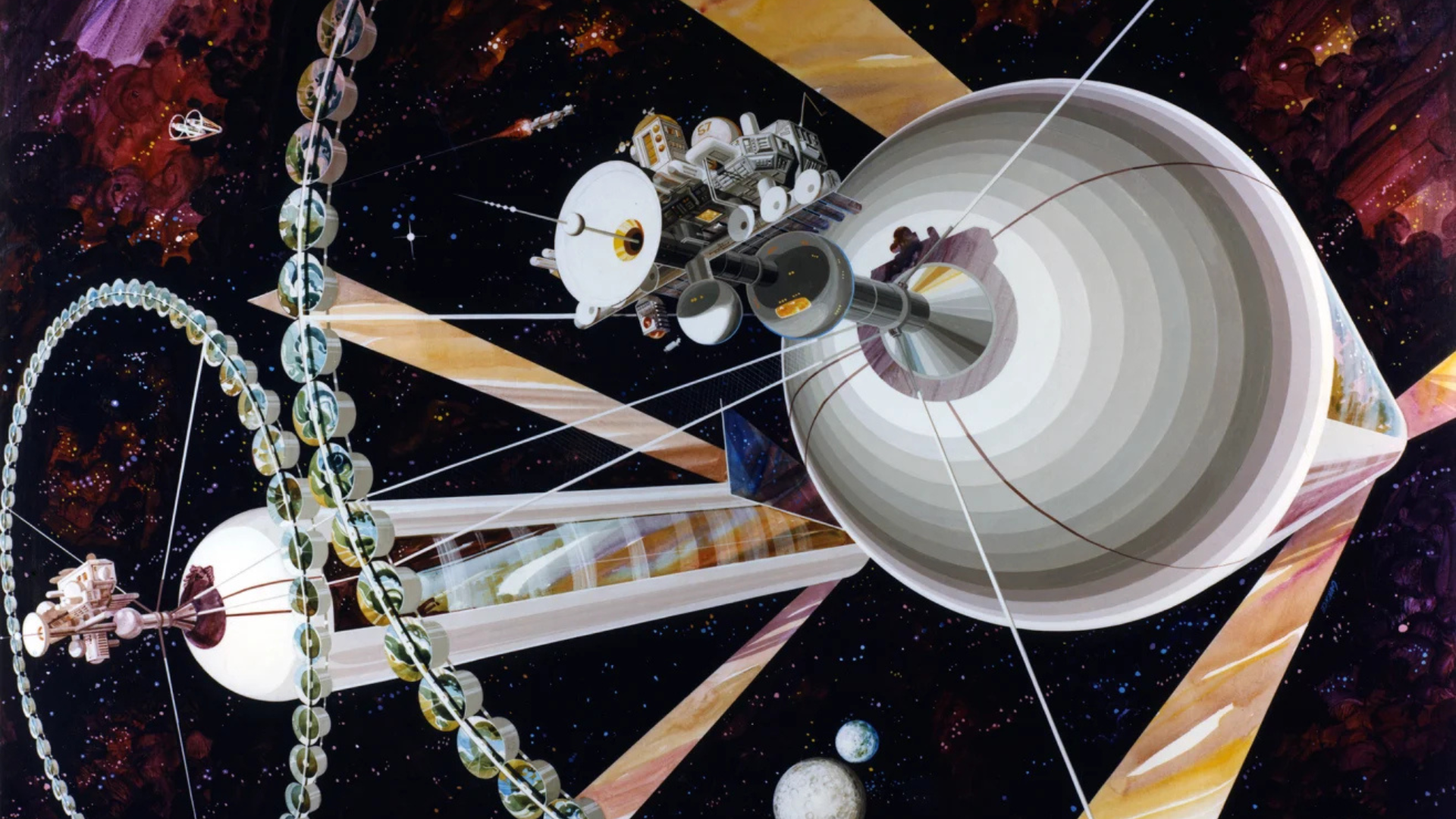 Esta ilustração conceitual mostra uma colônia de O'Neill, ou cilindro de O'Neill. Os módulos mostrados na grande estrutura em anel ao redor da tampa seriam usados ​​para agricultura. • Rick Guidice/NASA