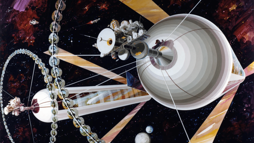 Esta ilustração conceitual mostra uma colônia de O'Neill, ou cilindro de O'Neill. Os módulos mostrados na grande estrutura em anel ao redor da tampa seriam usados ​​para agricultura. • Rick Guidice/NASA