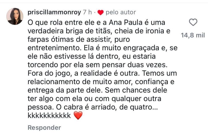 Esposa do Cowboy, do BBB 26, reage a possível affair dele com Ana Paula •