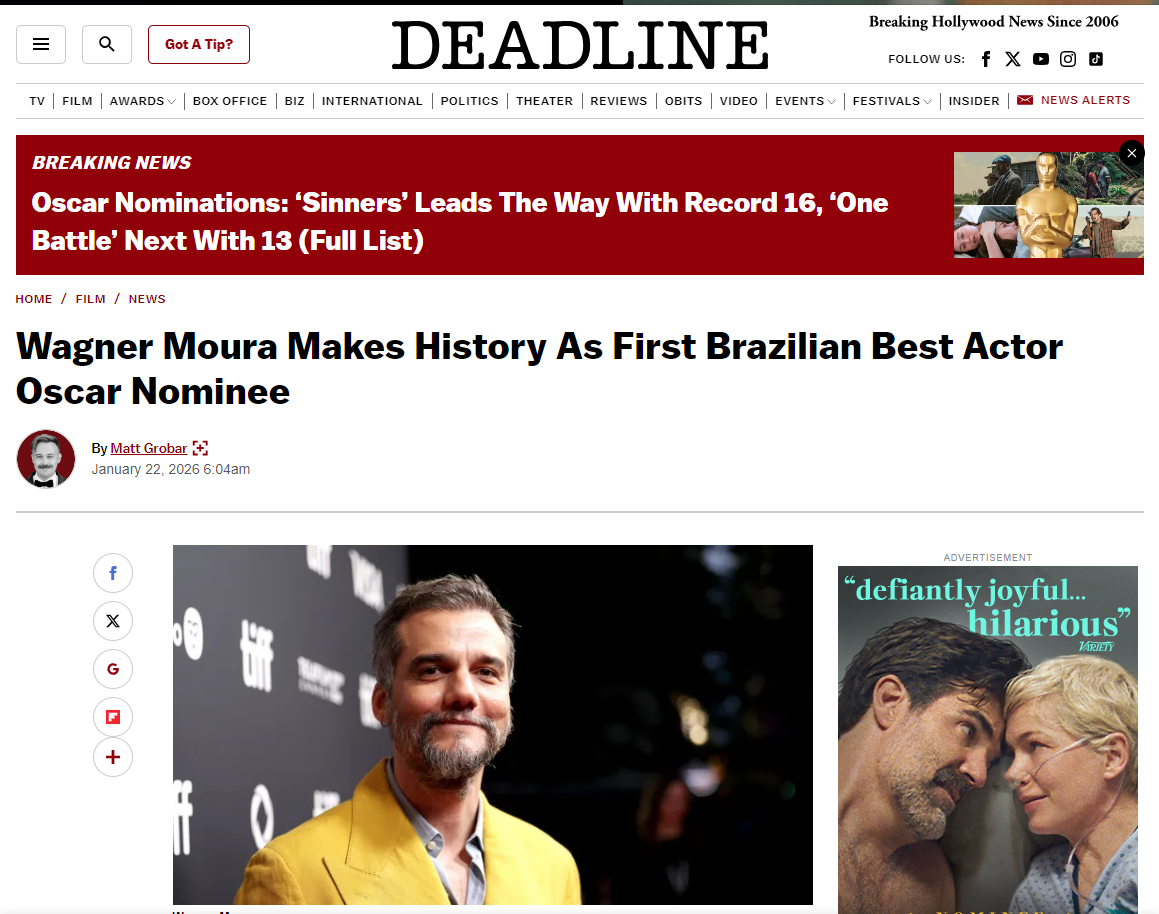 Deadline repercute indicações brasileiras ao Oscar 2026 • Reprodução