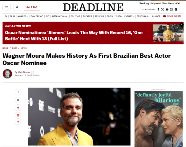 Deadline repercute indicações brasileiras ao Oscar 2026 • Reprodução