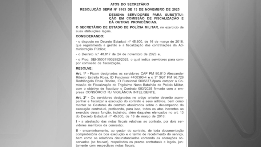 Secretário de Estado da Polícia Militar nomeou o capitão Alessander Ribeiro Estrella Rosa, para compor a Comissão de Fiscalização do Batalhão de Belford Roxo (39º BPM • Reprodução