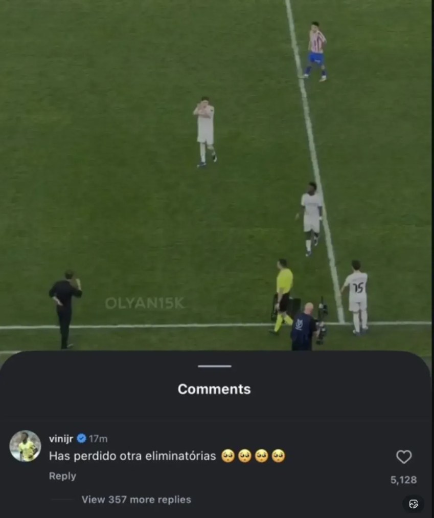 Vini Jr. deixou comentário em post provocando Simeone • Reprodução/Instagram