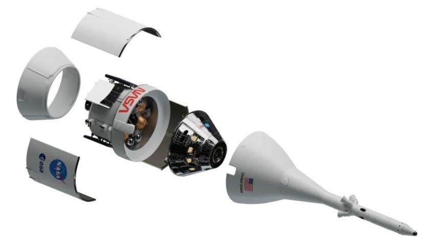 Parte inferior da cápsula, que deve enfrentar as temperaturas mais altas durante o retorno da Orion à Terra, é coberta por um escudo térmico de cinco metros de diâmetro • Divulgação/Nasa