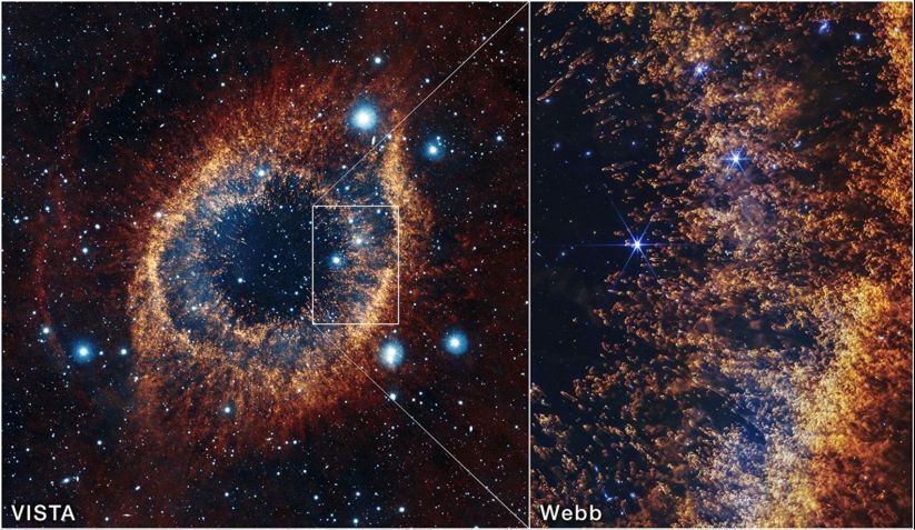 Esta imagem da Nebulosa da Hélice, obtida pelo Telescópio Visível e Infravermelho para Astronomia (à esquerda), mostra a visão completa da nebulosa planetária, com um retângulo destacando o campo de visão do Webb (à direita) • ESO, VISTA, NASA, ESA, CSA, STScI, J. Emerson (ESO); Reconhecimento: CASU