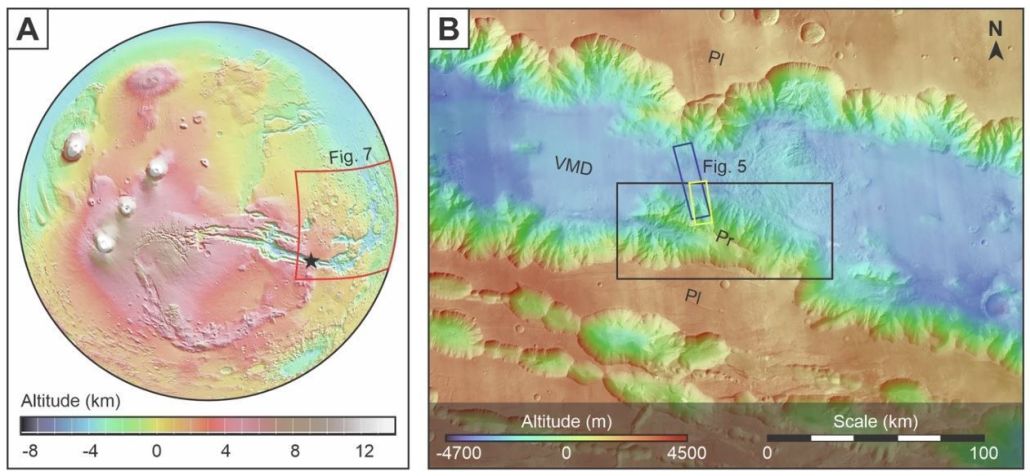 Localização da área de pesquisa em Marte sobre a existência de oceanos no passado • Divulgação