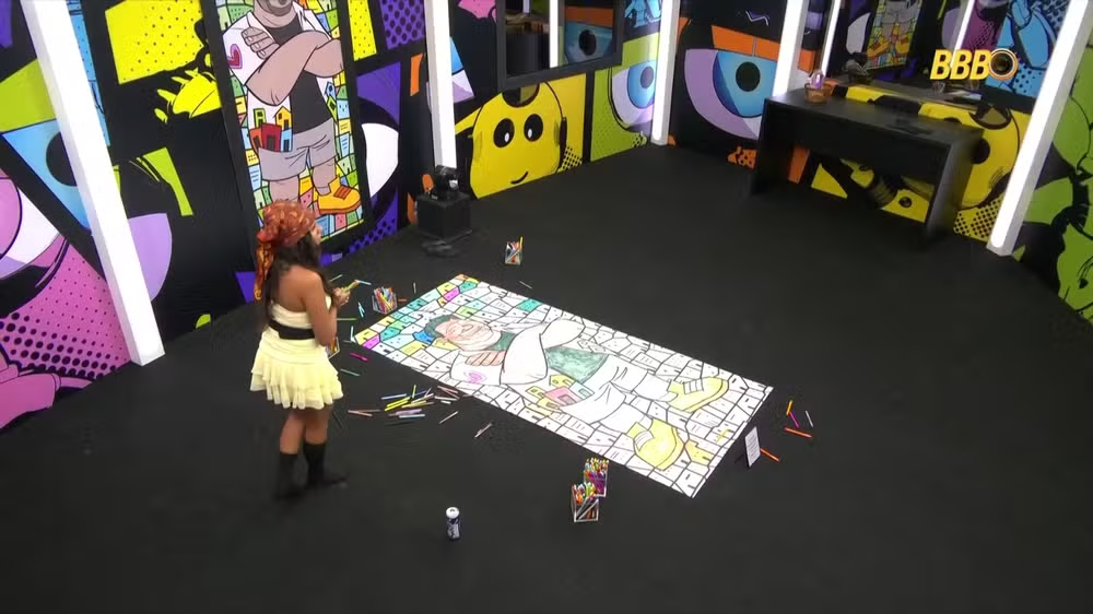 Gabriela precisava pintar desenho de Babu com canetinha • Reprodução/Globoplay