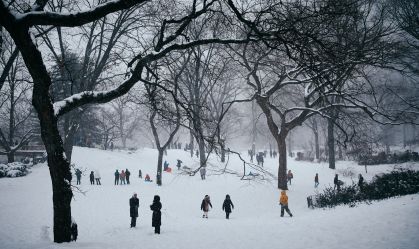 Pessoas aproveitam o tempo no Central Park durante uma nevasca em 25 de janeiro de 2026, na cidade de Nova York