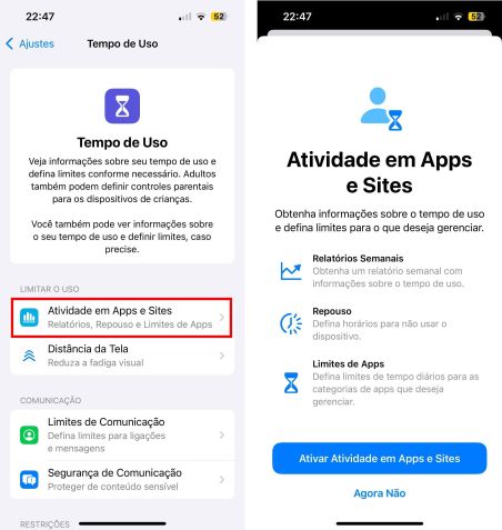 Com o Tempo de Uso, você pode verificar quanto tempo passa em cada app. • Créditos: Reprodução/Apple