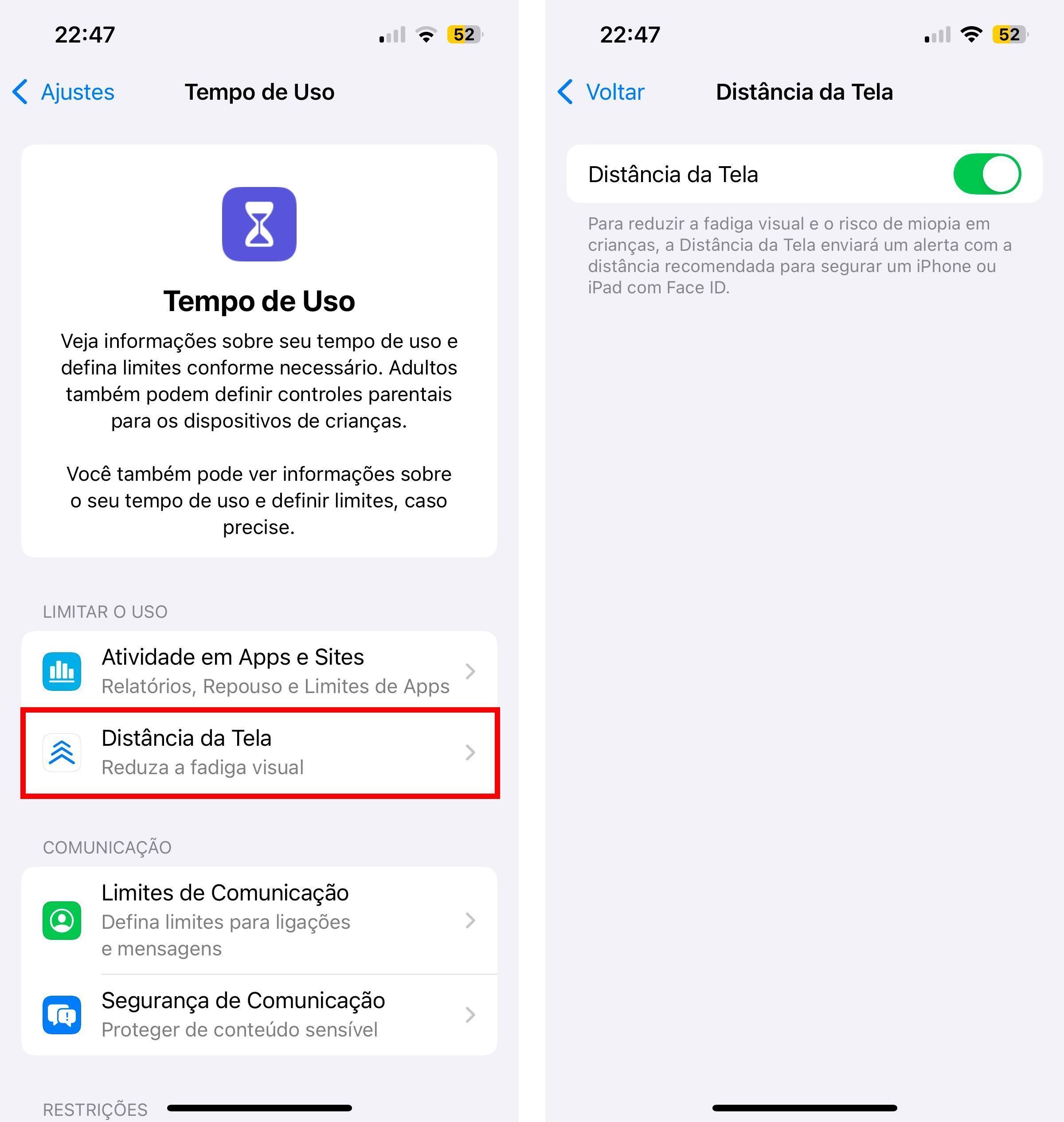 Vale citar que o recurso Distância de Tela está disponível apenas nos iPhones com Face ID. • Créditos: Reprodução/Apple