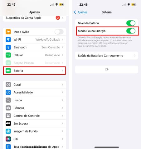 O modo Pouca Energia pode ajudar a aumentar a autonomia do seu iPhone. • Créditos: Reprodução/Apple