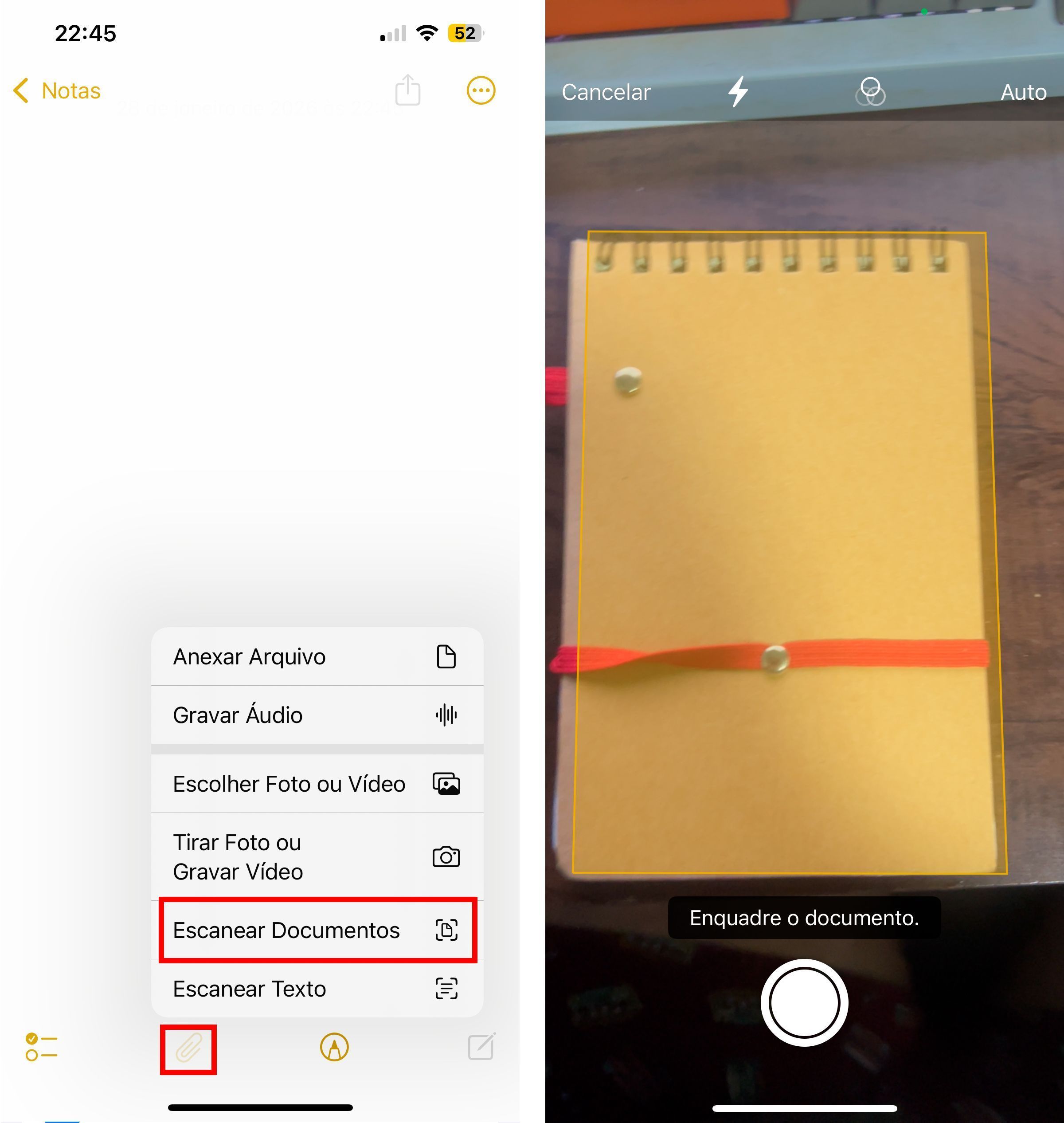 Clique no ícone de "clipes" para abrir o menu de opções e encontrar o recurso de escaneamento no iPhone. • Créditos: Reprodução/Apple