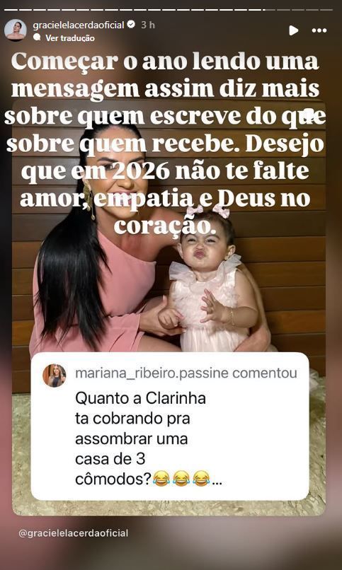 Graciele Lacerda rebate comentário de seguidora que criticou aparência de Clara • Instagram/Graciele Lacerda