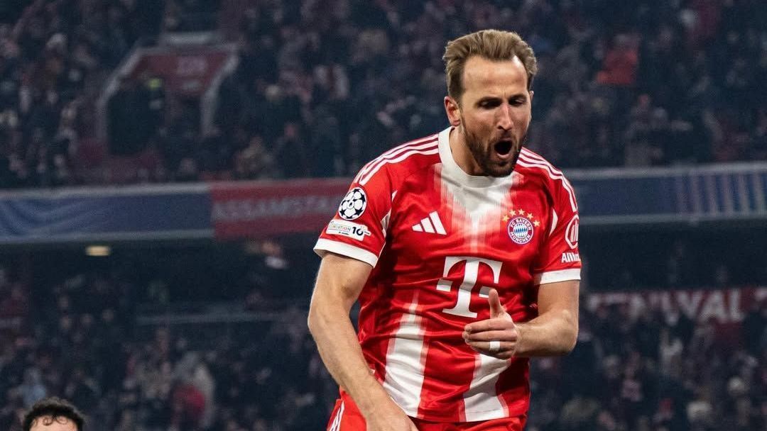 Harry Kane comemorando gol contra o USG pela Champions; Bayern garantiu vaga antecipada às oitavas de final