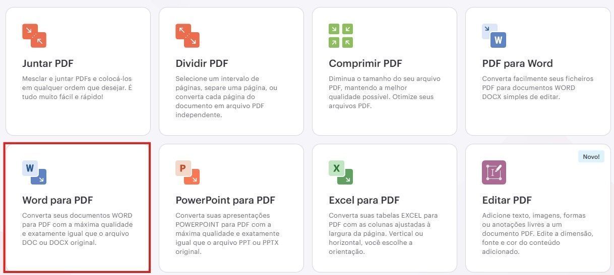 Para converter, basta clicar em "PDF para Word", mas também é possível fazer a conversão para outros tipos de arquivo. • Créditos: Reprodução/iLovePDF