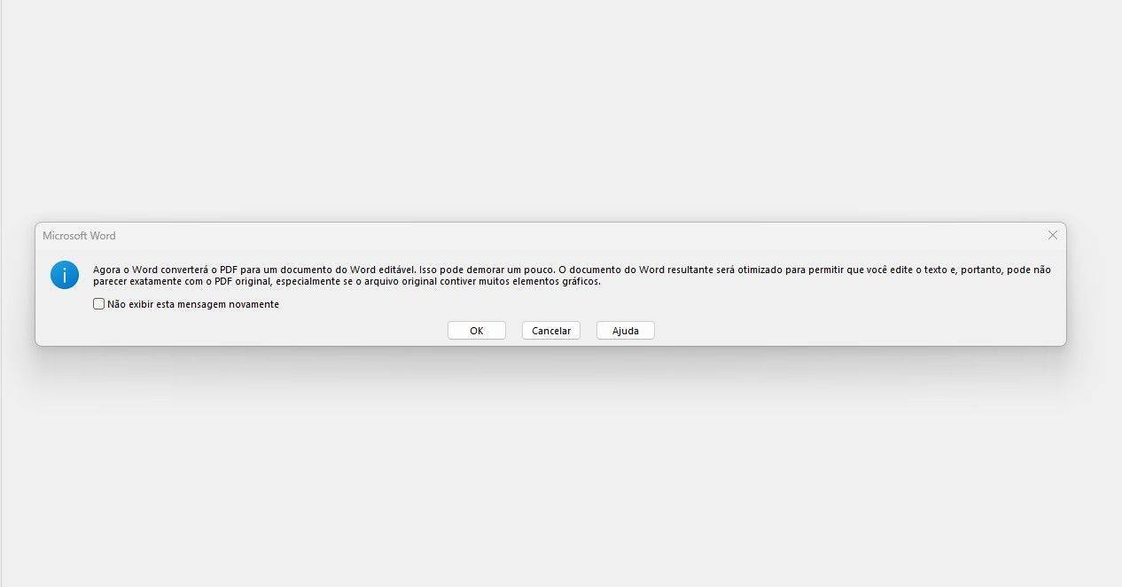 Quando converter seu PDF para Word na ferramenta da Microsoft, a seguinte mensagem será exibida. • Créditos: Reprodução/Microsoft
