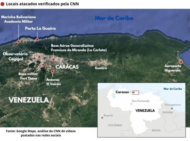 Mapa mostra locais atacados pelos Estados Unidos na Venezuela durante operação que capturou Nicolás Maduro. • Avery Schmitz, Thomas Bordeaux, Isaac Yee, Allegra Goodwin, Rosa de Acosta, Henrik Pettersson e Soph Warnes