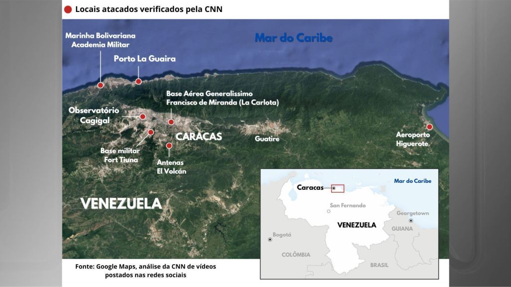 Mapa mostra locais atacados pelos Estados Unidos na Venezuela durante operação que capturou Nicolás Maduro
