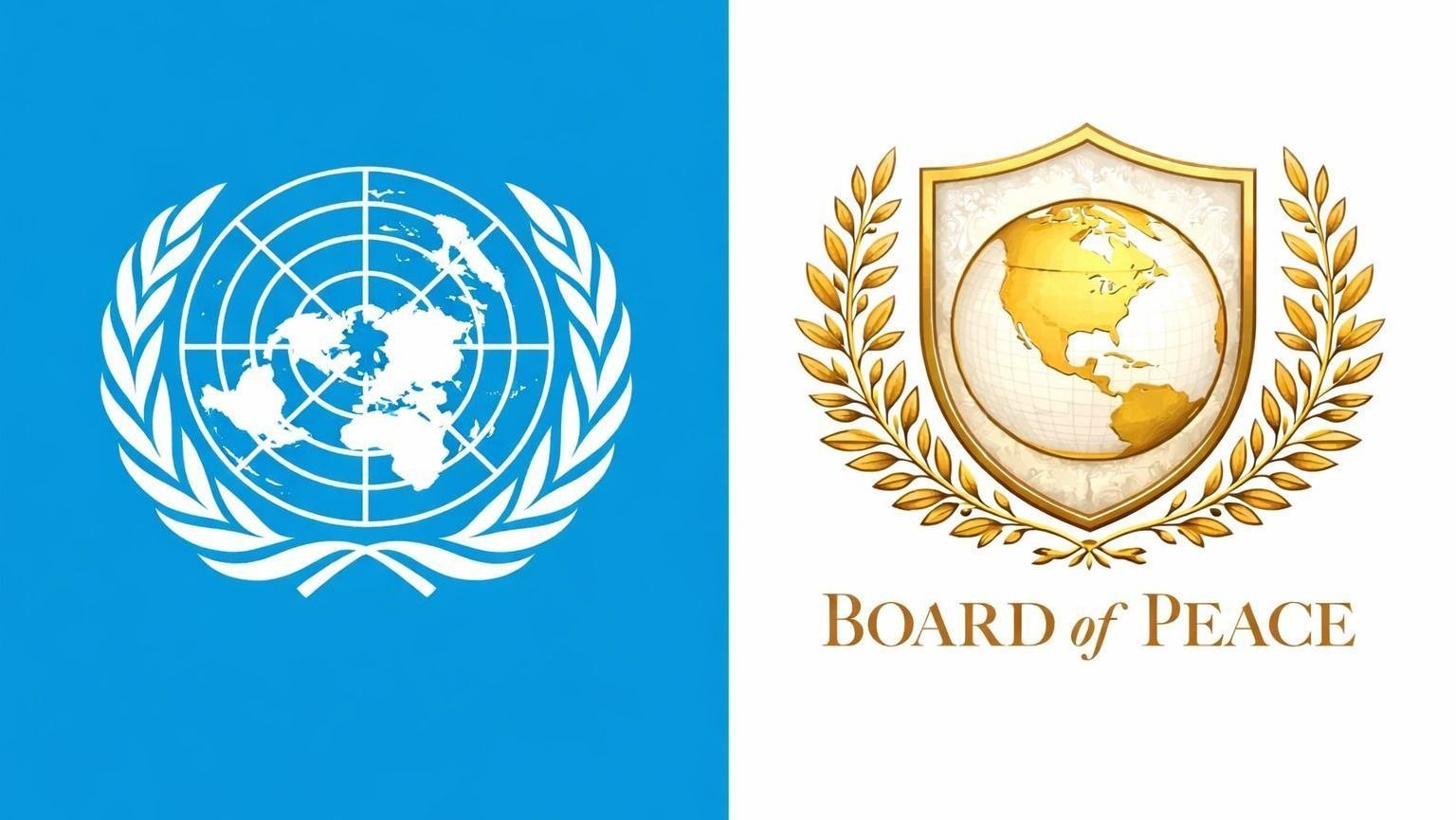 Comparação entre os logos da ONU (esq.) e do Conselho de Paz de Donald Trump (dir.)