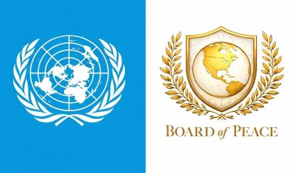 Comparação entre os logos da ONU (esq.) e do Conselho de Paz de Donald Trump (dir.)
