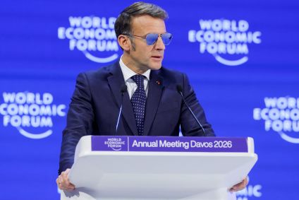 Presidente da França, Emmanuel Macron, durante Fórum Econômico Mundial, em Davos em 20/01/2026