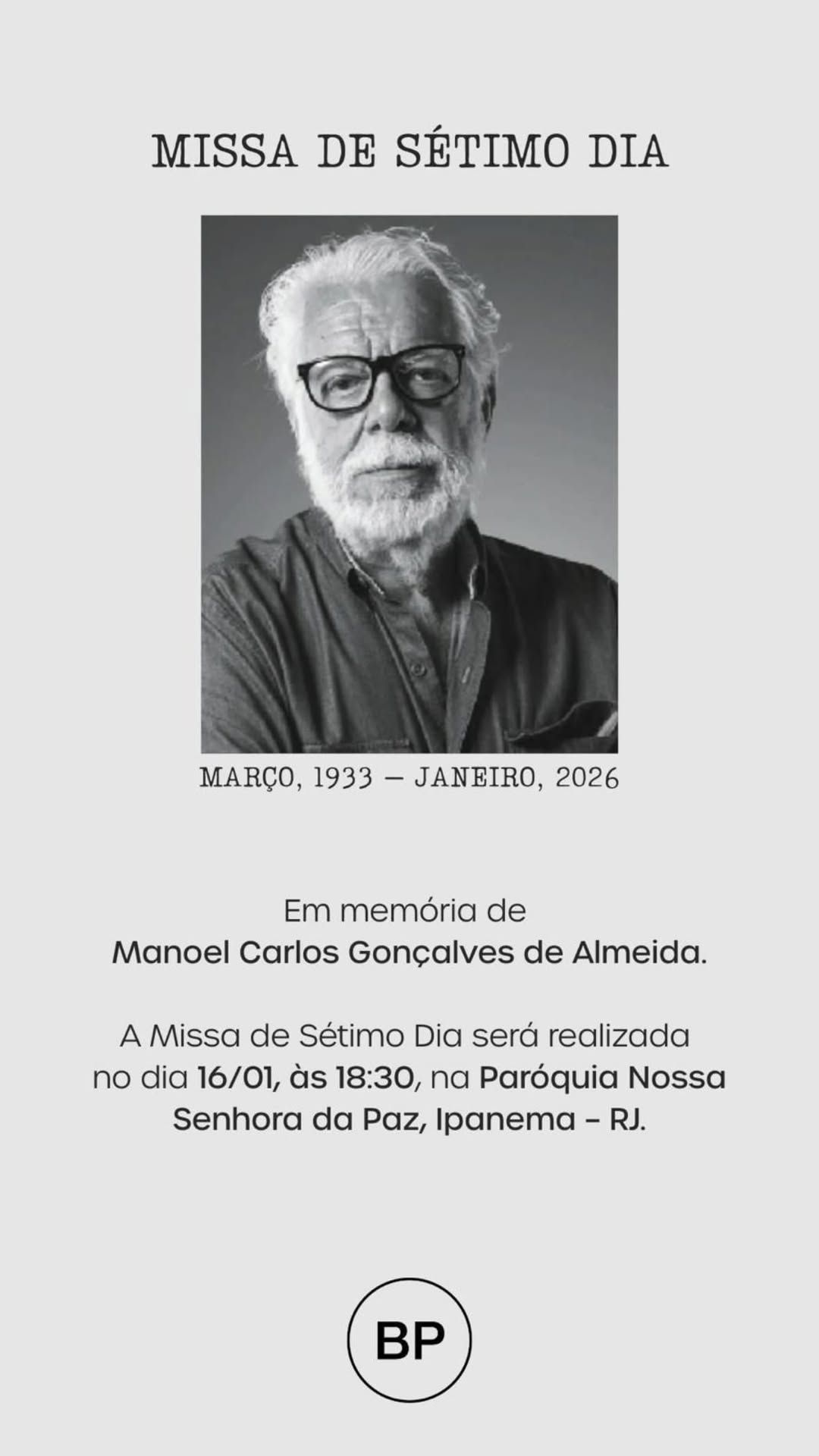 Missa de sétimo dia de Manoel Carlos será celebrada nesta sexta-feira (16) • Instagram/Produtora Boa Palavra