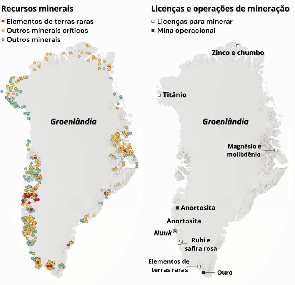 Mapa mostra recursos minerais na Groenlândia; última atualização em 7 de janeiro de 2025; infográfico de Soph Warnes, da CNN