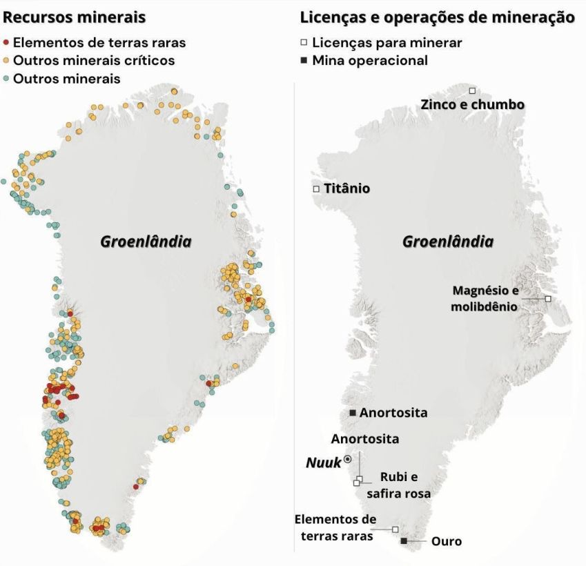 Mapa mostra recursos minerais na Groenlândia; última atualização em 7 de janeiro de 2025; infográfico de Soph Warnes, da CNN • Fontes: Serviços Geológicos Nacionais da Dinamarca e da Groenlândia, Autoridade de Licenciamento e Segurança Mineral da Groenlândia, Departamento de Energia dos EUA, Serviço Geológico dos EUA, Associação Empresarial da Groenlândia