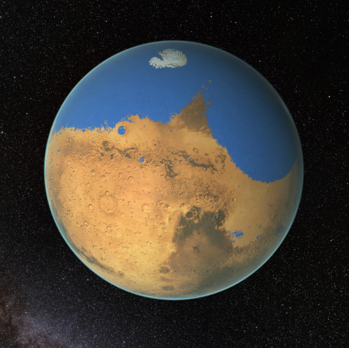 Cientistas da NASA determinaram que um oceano primitivo em Marte continha mais água do que o Oceano Ártico da Terra e que o Planeta Vermelho perdeu 87% dessa água para o espaço • NASA/GSFC