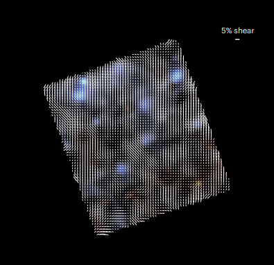 Mapa representa a distorção de cisalhamento medida em galáxias distantes, combinando dados das bandas de imagem F115W e F150W do James Webb • Nature Astronomy