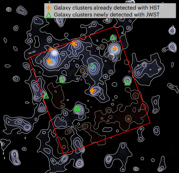 Comparação de aglomerados de galáxias detectados pelo Hubble (HST) e o James Webb (JWST) • Nature Astronomy