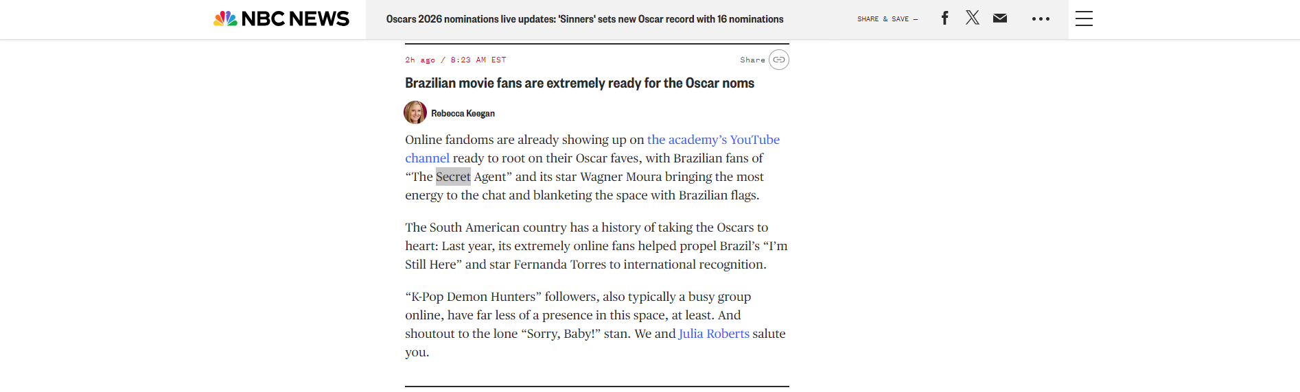 NBC News repercute indicações brasileiras ao Oscar 2026 • Reprodução