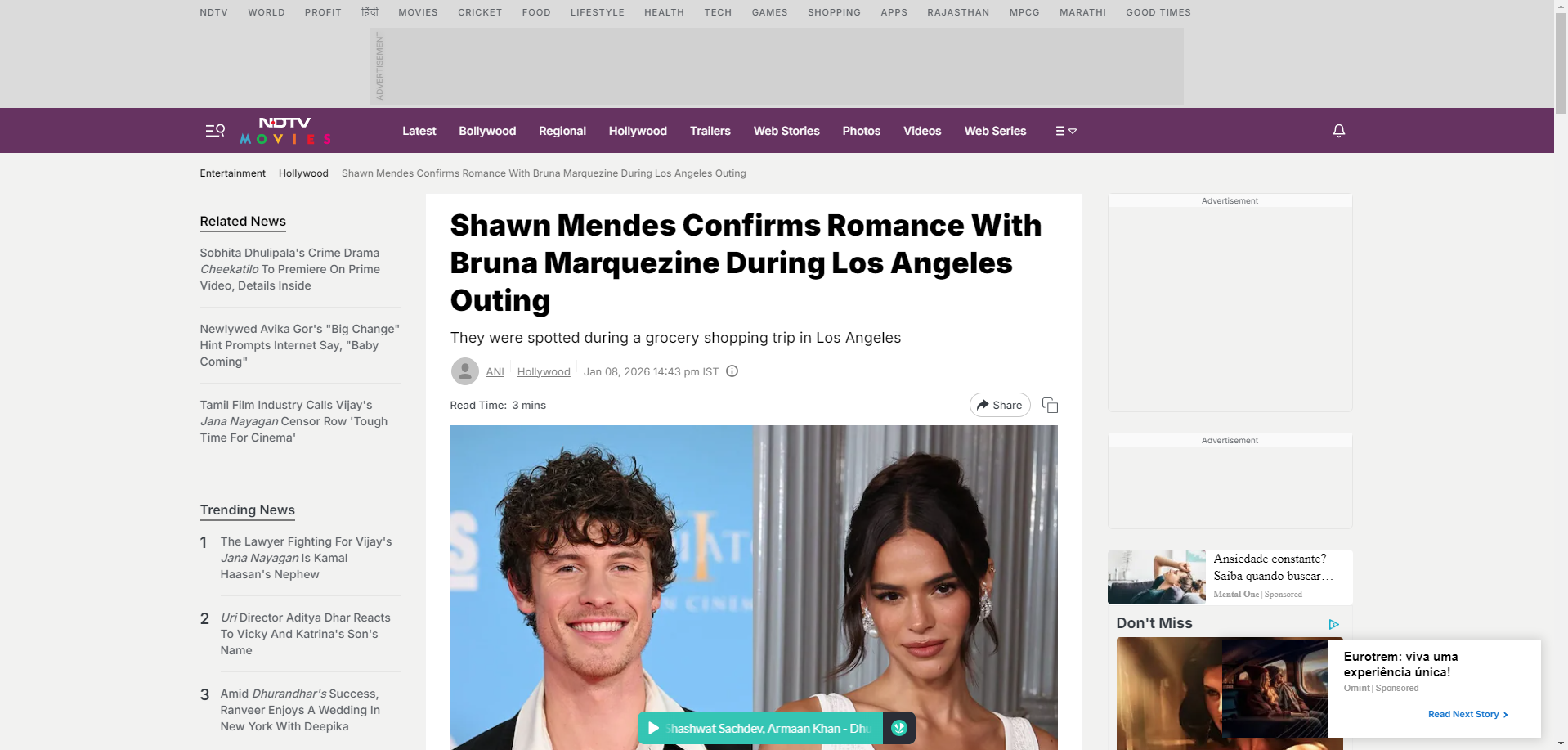 NDTV Movies noticia suposto romance entre Bruna Marquezine e Shawn Mendes • Reprodução