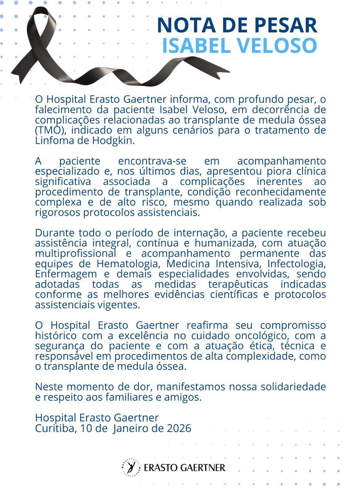 Hospital publica nota de pesar após morte de Isabel Veloso • Divulgação