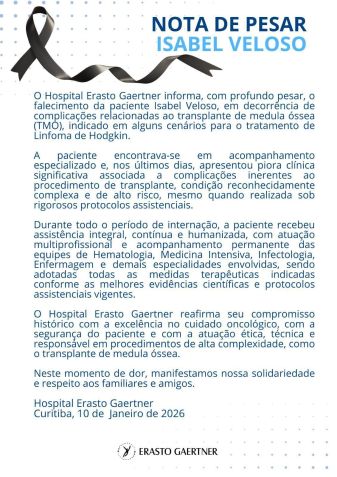 Hospital publica nota de pesar após morte de Isabel Veloso • Divulgação