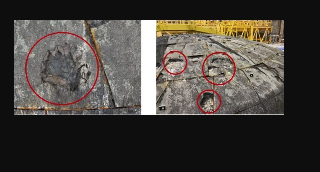 As imagens mostram o escudo térmico após a missão Artemis I, incluindo cavidades resultantes da perda de grandes partes do escudo térmico durante a reentrada