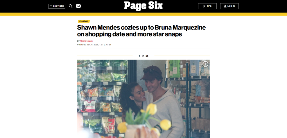 Page Six noticia suposto romance entre Bruna Marquezine e Shawn Mendes • Reprodução