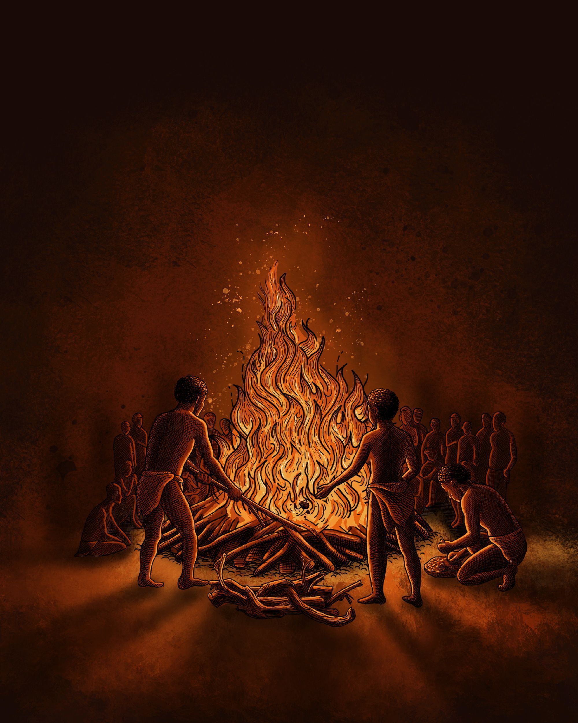 Uma ilustração retrata caçadores-coletores cuidando da pira funerária • Patrick Fahy via CNN Newsource
