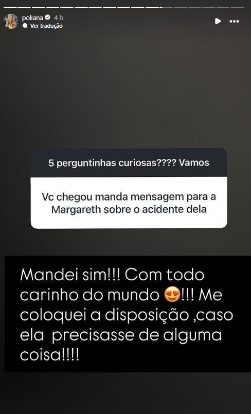 Poliana Rocha disse que mandou mensagem para Margareth Serrão após ela sofrer um acidente • Instagram/Poliana Rocha