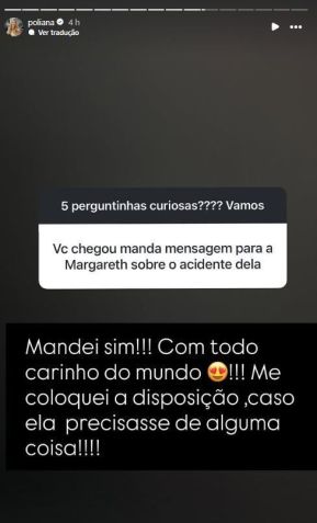 Poliana Rocha disse que mandou mensagem para Margareth Serrão após ela sofrer um acidente • Instagram/Poliana Rocha