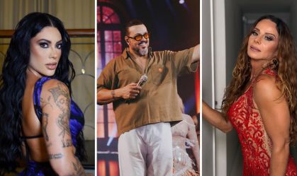 Namorada de Belo reage à beijo de cantor com a ex, Viviane Araújo, em novela