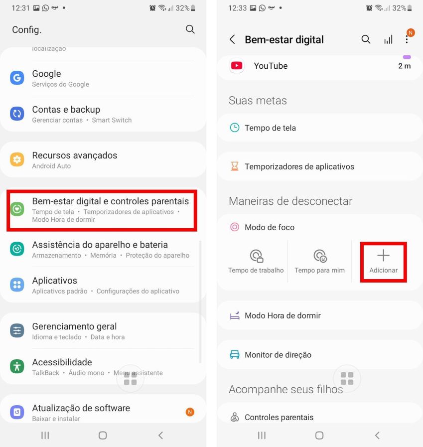 Clique no "+" para criar um novo Foco em Bem-estar digital e controles parentais. • Crditos: Reproduo/Google